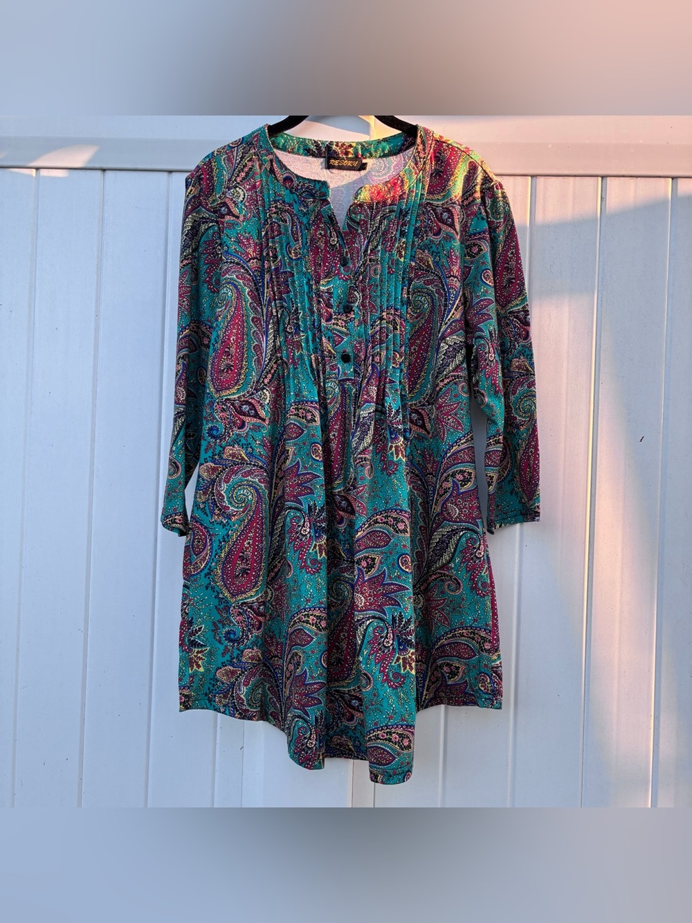Reborn Women’s Teal Paisley Pintuck Tunic Dress 90s Retro Boho Cottage NWOT Sz L